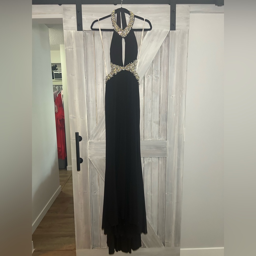 Tony Bowls Black Backless Gown with Waist Cape - Picture 2 of 5